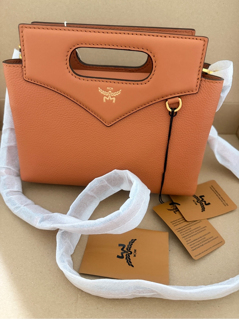 MCM Structured Pebbled Leather Satchel in Orange